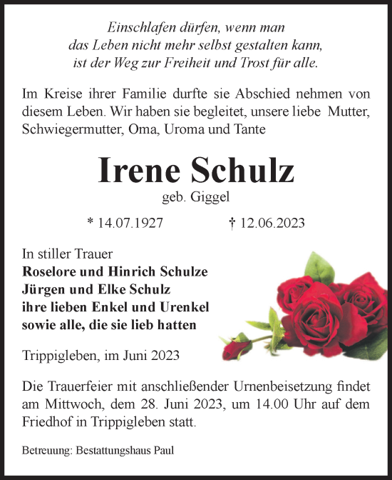 Traueranzeige von Irene Schulz von Volksstimme Altmark West
