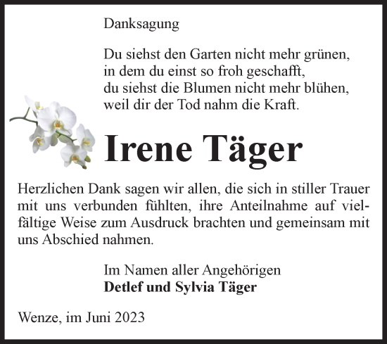 Traueranzeige von Irene Täger von Volksstimme Altmark West