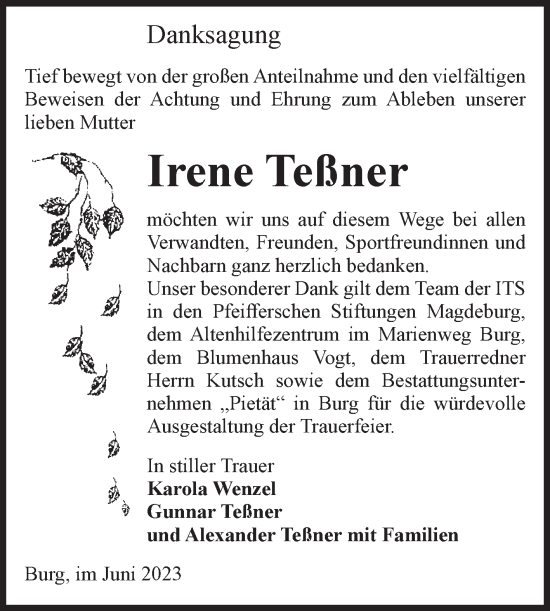 Traueranzeige von Irene Teßner von Volksstimme Burg/Genthin