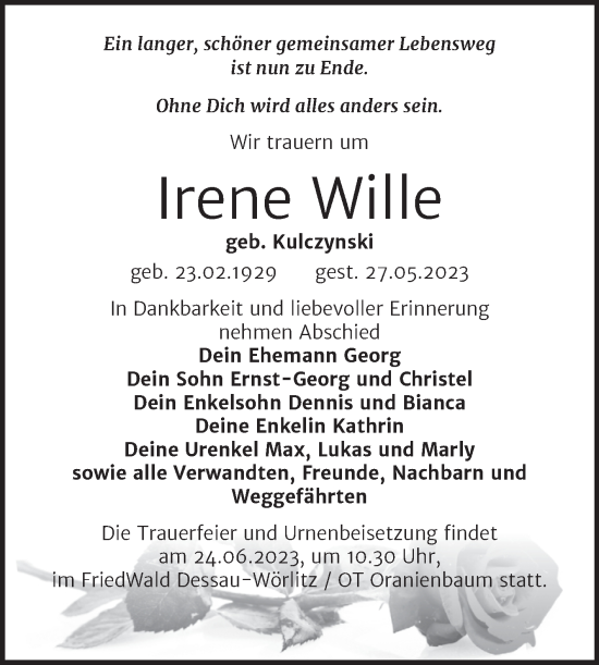 Traueranzeige von Irene Wille von Trauerkombi Bitterfeld
