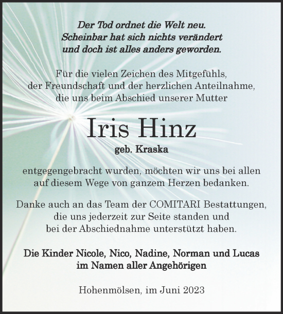 Traueranzeige von Iris Hinz von Trauerkombi Weißenfels
