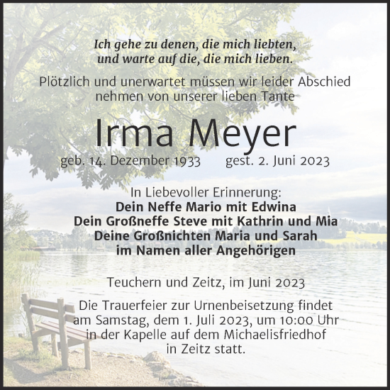 Traueranzeige von Irma Meyer von Trauerkombi Zeitz