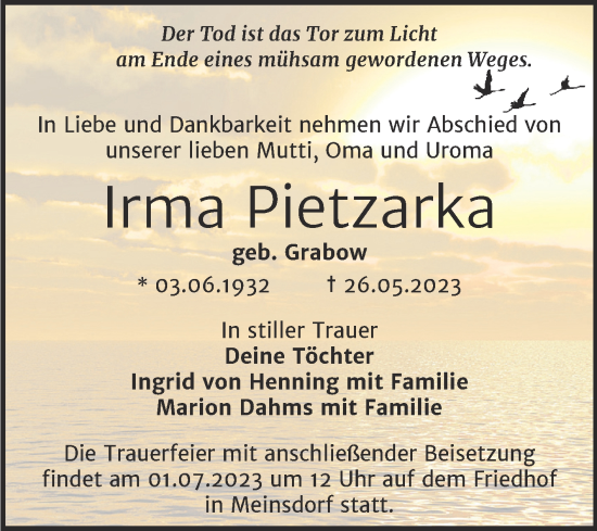 Traueranzeige von Irma Pietzarka von Trauerkombi Dessau