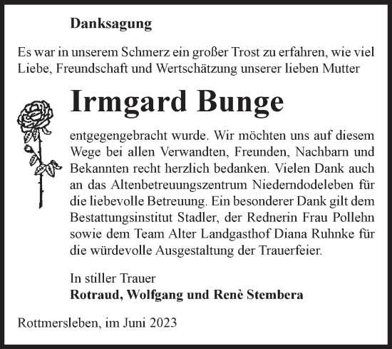 Traueranzeige von Irmgard Bunge von Volksstimme Haldensleben/Wolmirstedt