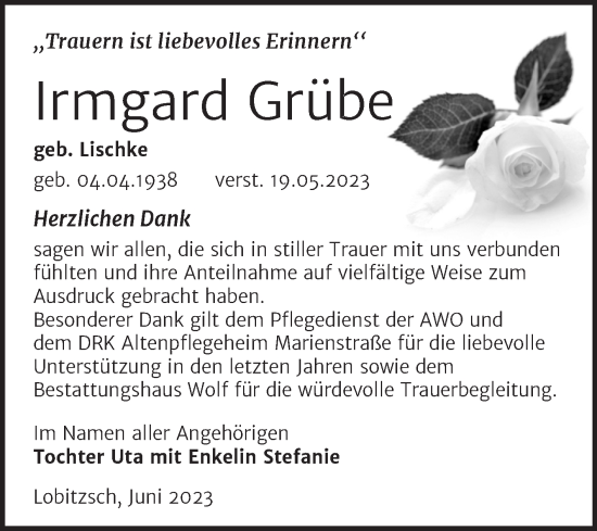 Traueranzeige von Irmgard Grübe von Trauerkombi Weißenfels