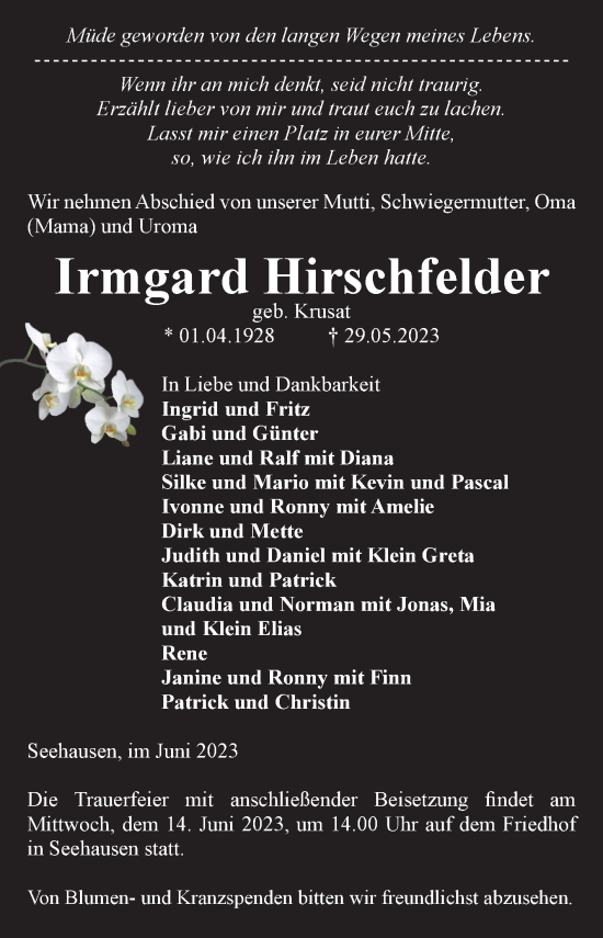 Traueranzeige von Irmgard Hirschfelder von Volksstimme Altmark Ost