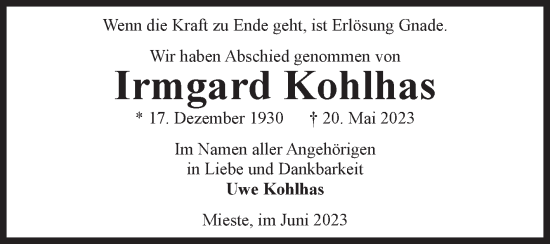 Traueranzeige von Irmgard Kohlhas von Volksstimme Altmark West