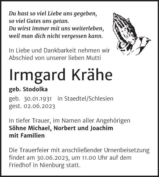 Traueranzeige von Irmgard Krähe von Trauerkombi Bernburg