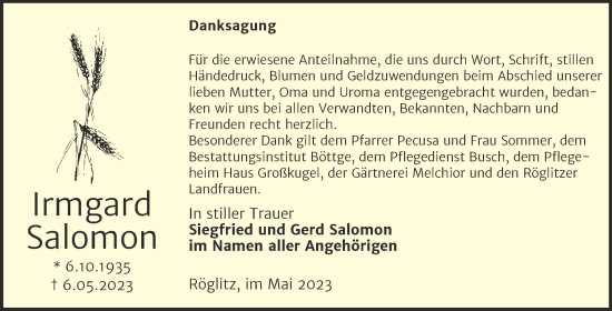 Traueranzeige von Irmgard Salomon von Trauerkombi Merseburg