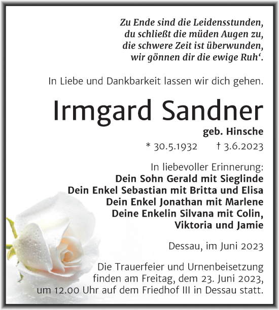 Traueranzeige von Irmgard Sandner von Trauerkombi Dessau