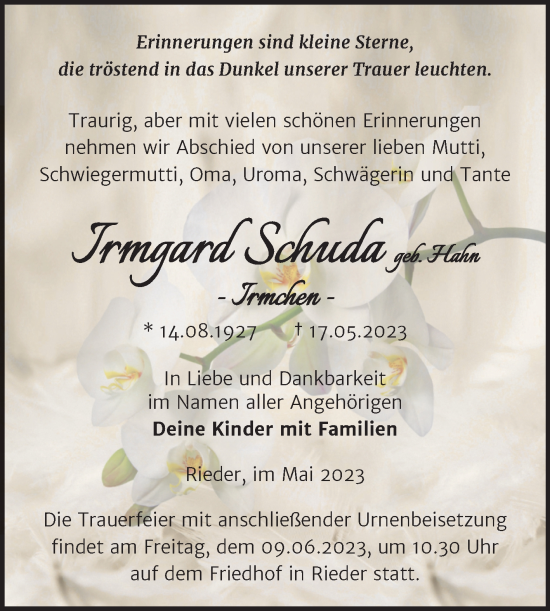 Traueranzeige von Irmgard Schuda von Trauerkombi Quedlinburg