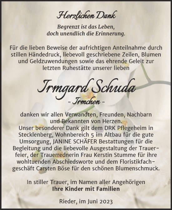 Traueranzeige von Irmgard Schuda von Trauerkombi Quedlinburg
