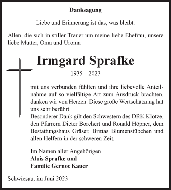 Traueranzeige von Irmgard Sprafke von Volksstimme Altmark West