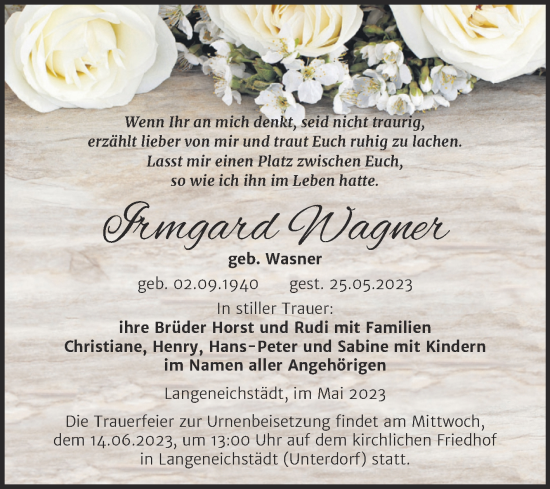 Traueranzeige von Irmgard Wagner von Trauerkombi Merseburg