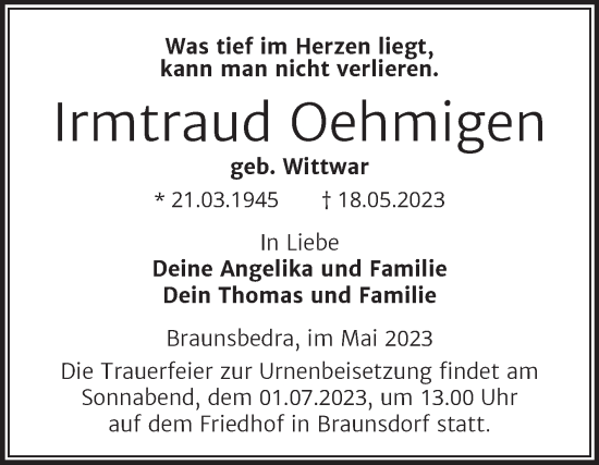 Traueranzeige von Irmtraud Oehmigen von Trauerkombi Merseburg