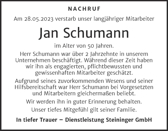 Traueranzeige von Jan Schumann von SuperSonntag Bitterfeld