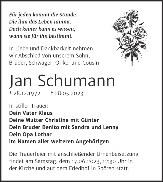 Traueranzeige von Jan Schumann von Trauerkombi Bitterfeld