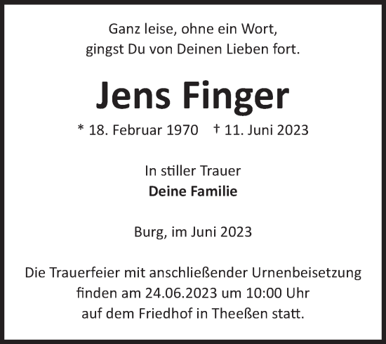 Traueranzeige von Jens Finger von Volksstimme Burg/Genthin