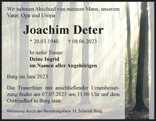 Traueranzeige von Joachim Deter von Volksstimme Burg/Genthin