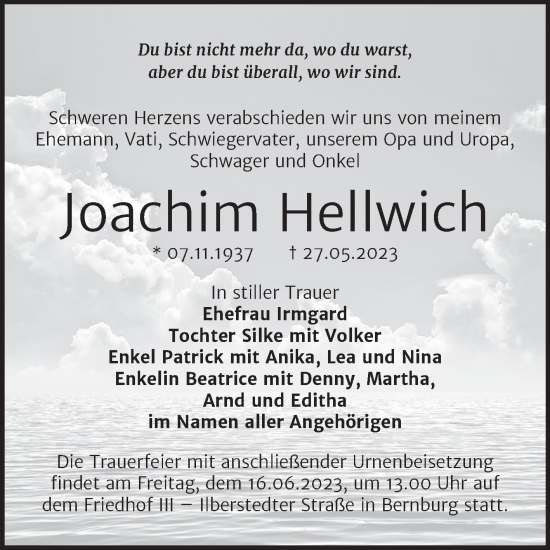 Traueranzeige von Joachim Hellwich von Trauerkombi Bernburg
