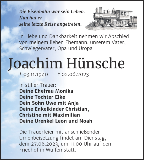 Traueranzeige von Joachim Hünsche von Trauerkombi Köthen