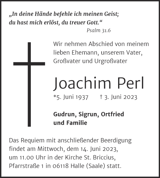 Traueranzeige von Joachim Perl von Mitteldeutsche Zeitung Halle/Saalkreis