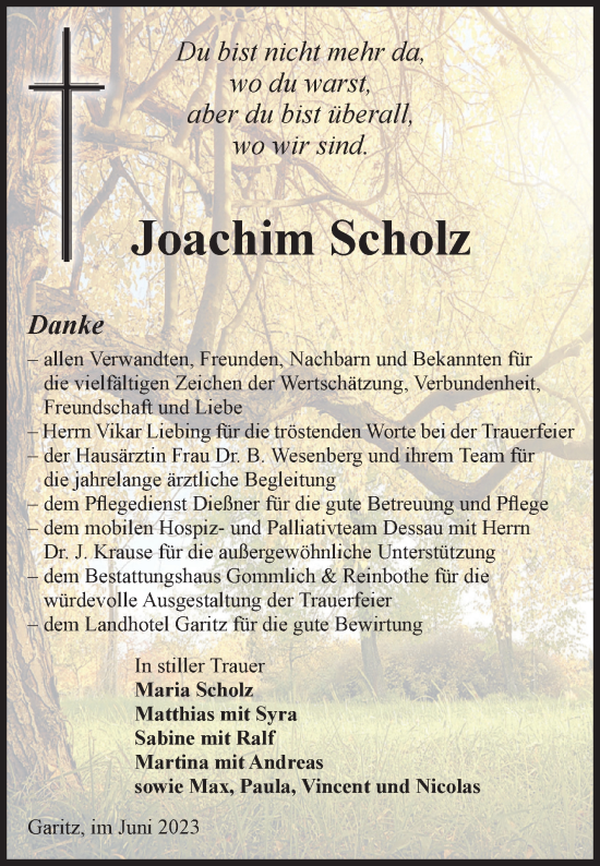 Traueranzeige von Joachim Scholz von Volksstimme Zerbst
