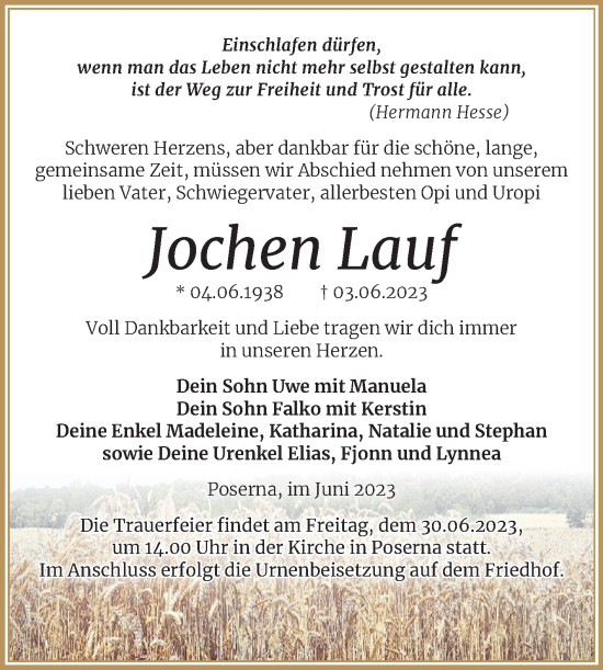 Traueranzeige von Jochen Lauf von Trauerkombi Weißenfels