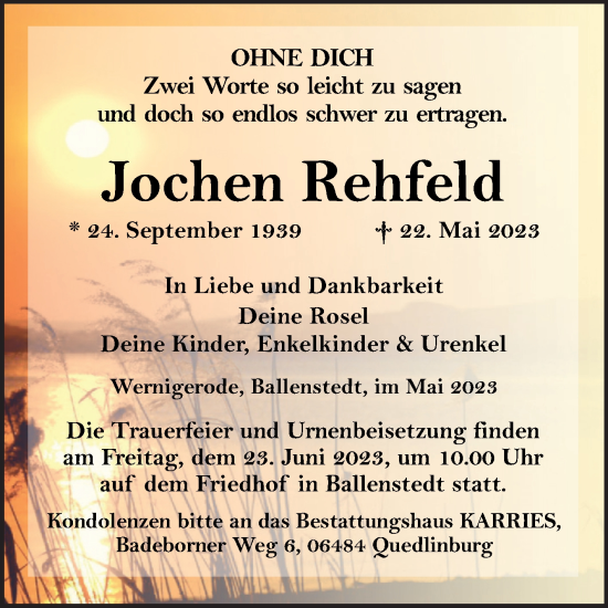 Traueranzeige von Jochen Rehfeld von Volksstimme Wernigerode