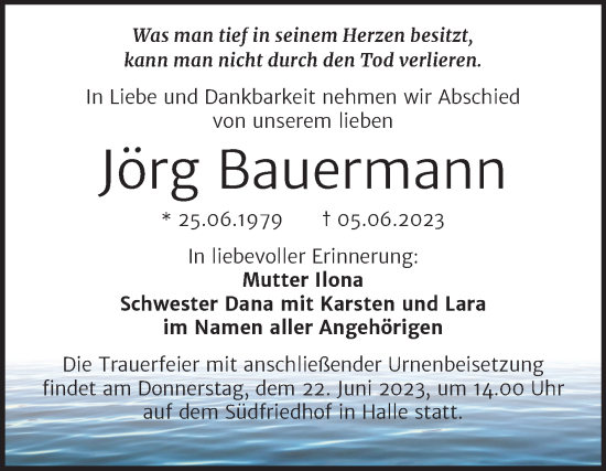 Traueranzeige von Jörg Bauermann von Mitteldeutsche Zeitung Halle/Saalkreis