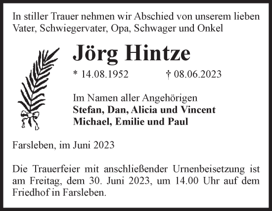 Traueranzeige von Jörg Hintze von Volksstimme Haldensleben/Wolmirstedt