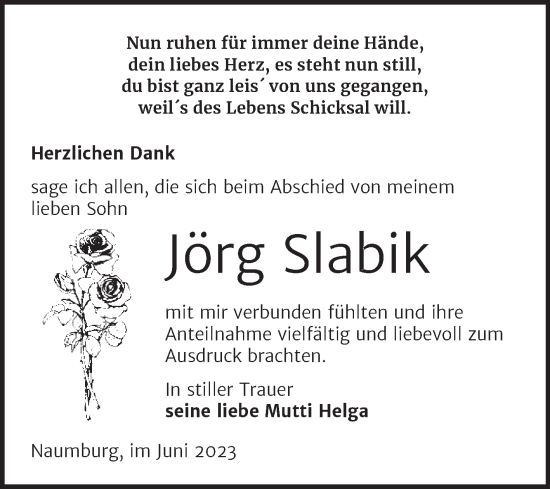 Traueranzeige von Jörg Slabik von Wochenspiegel Naumburg/Nebra