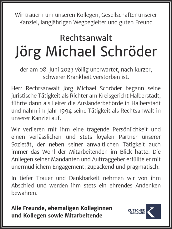 Traueranzeige von Jörg-Michael Schröder von Mitteldeutsche Zeitung Halle/Saalkreis