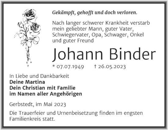 Traueranzeige von Johann Binder von Trauerkombi Mansfelder Land