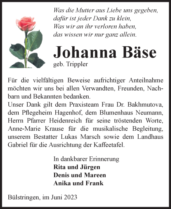Traueranzeige von Johanna Bäse von Volksstimme Haldensleben/Wolmirstedt