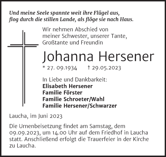 Traueranzeige von Johanna Hersener von Wochenspiegel Naumburg/Nebra