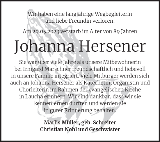 Traueranzeige von Johanna Hersener von Wochenspiegel Naumburg/Nebra