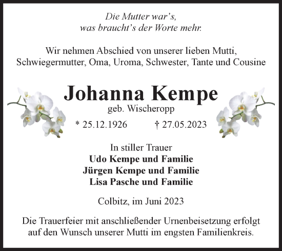 Traueranzeige von Johanna Kempe von Volksstimme Haldensleben/Wolmirstedt