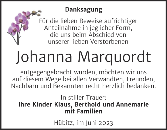 Traueranzeige von Johanna Marquordt von Trauerkombi Mansfelder Land