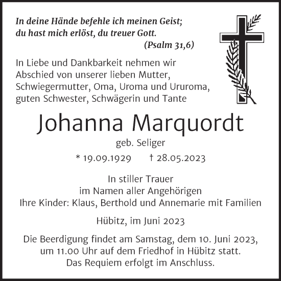 Traueranzeige von Johanna Marquordt von Trauerkombi Mansfelder Land