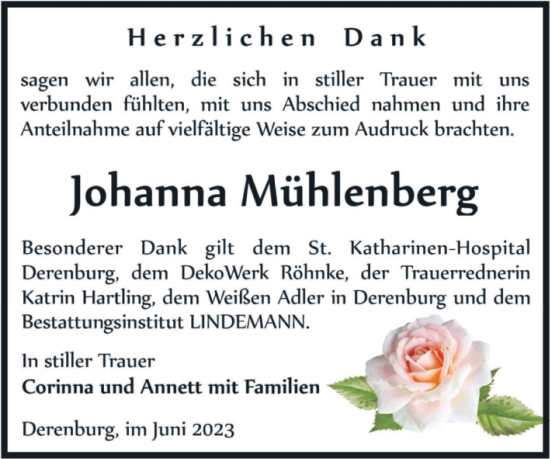 Traueranzeige von Johanna Mühlenberg von Volksstimme Wernigerode