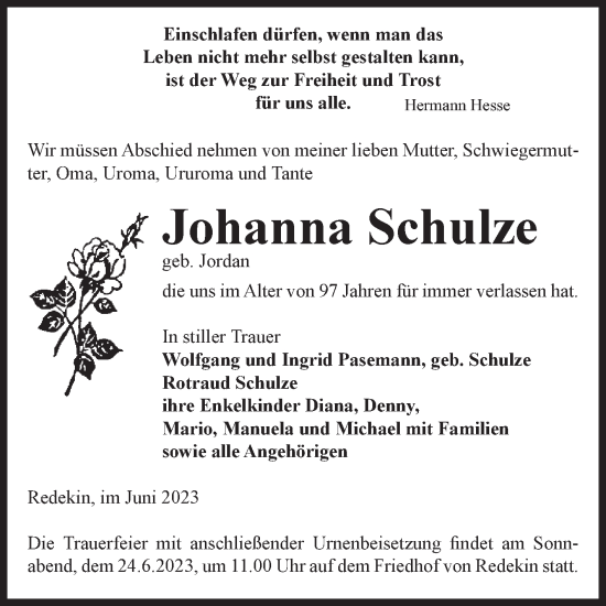Traueranzeige von Johanna Schulze von Volksstimme Burg/Genthin