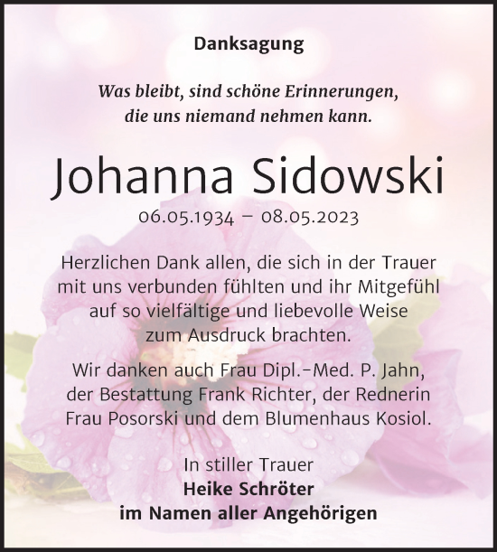 Traueranzeige von Johanna Sidowski von Trauerkombi Sangerhausen