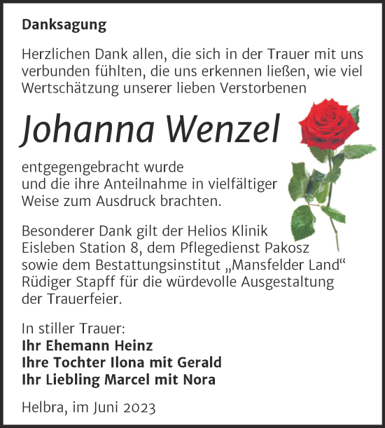 Traueranzeige von Johanna Wenzel von Trauerkombi Mansfelder Land