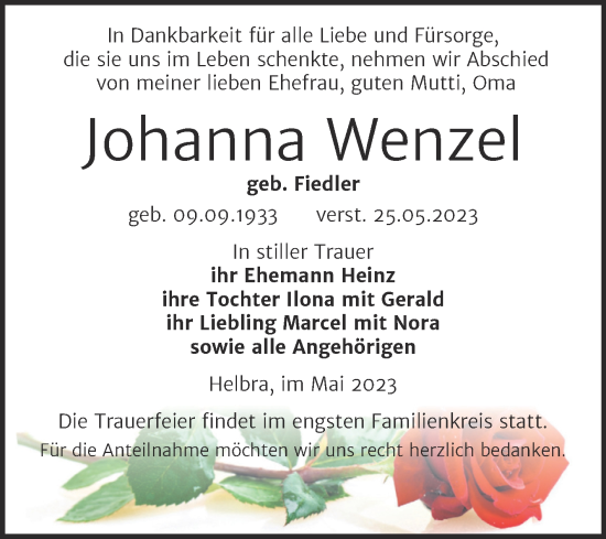 Traueranzeige von Johanna Wenzel von Trauerkombi Mansfelder Land