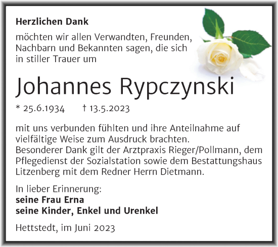 Traueranzeige von Johannes Rypczynski von Trauerkombi Mansfelder Land