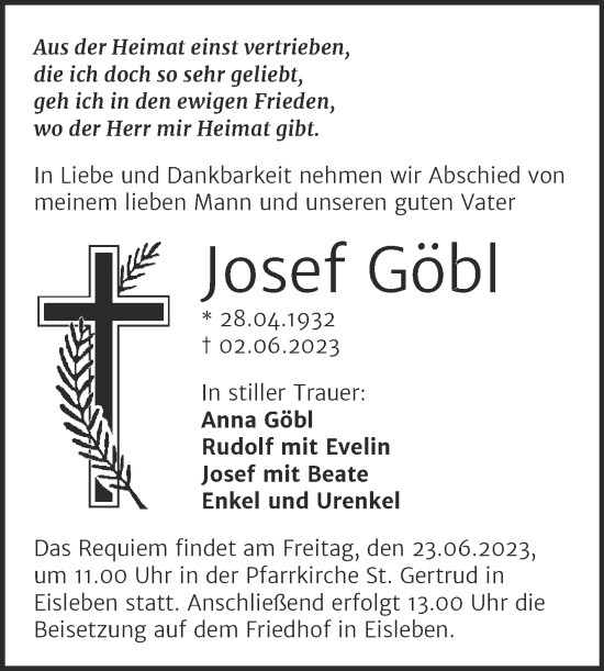 Traueranzeige von Josef Göbl von Trauerkombi Mansfelder Land