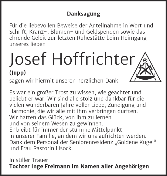 Traueranzeige von Josef Hoffrichter von Trauerkombi Bernburg