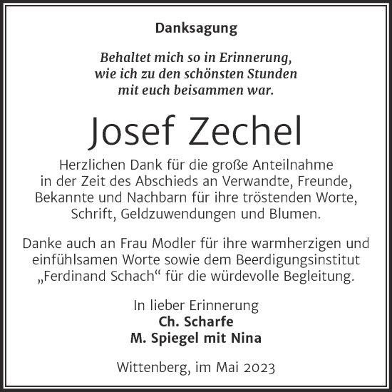 Traueranzeige von Josef Zechel von Trauerkombi Wittenberg