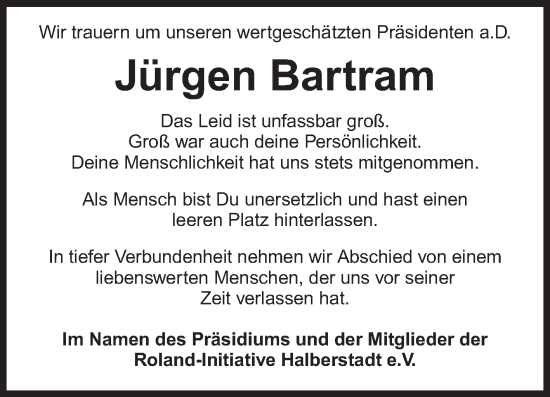 Traueranzeige von Jürgen Bartram von Volksstimme Halberstadt